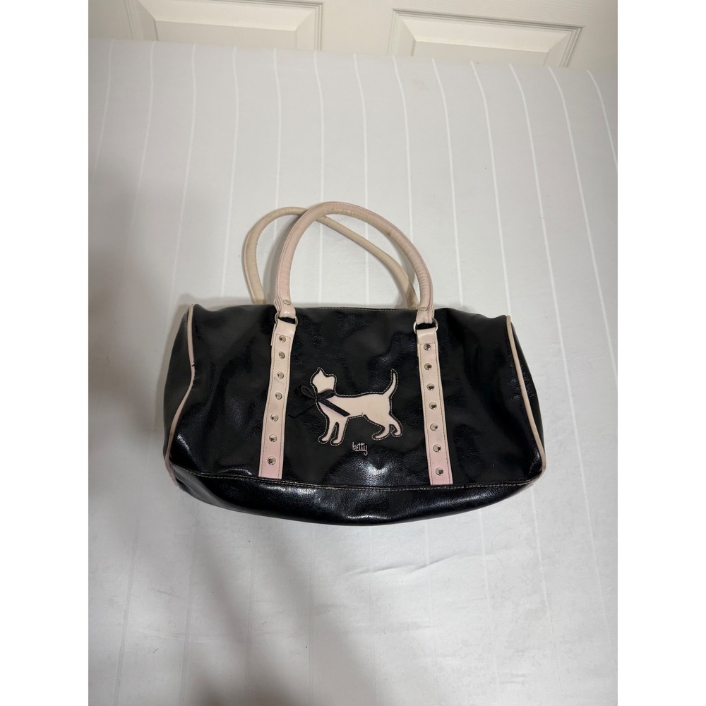 Fashion Express Black Bowler Bag Cat Applique Cream Trim Studded Y2K Satchel